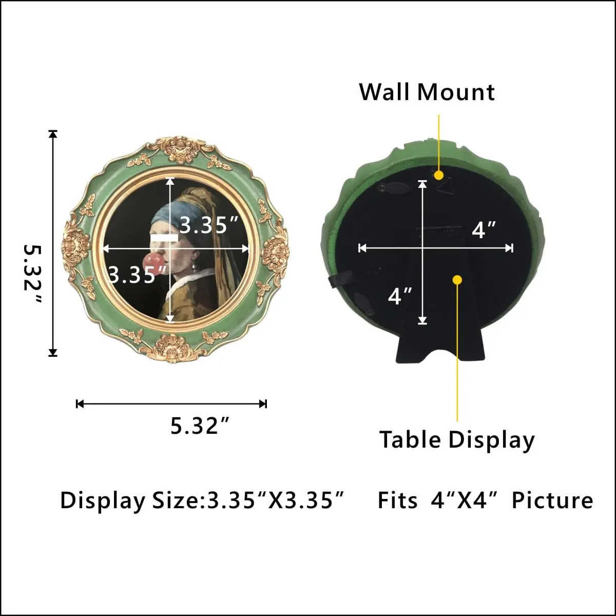 WINPLUS+ Vintage Round Picture Frame 4x4 Inch (10.16x10.16 cm) | Hand-Carved Resin with Real Glass Front - view 3