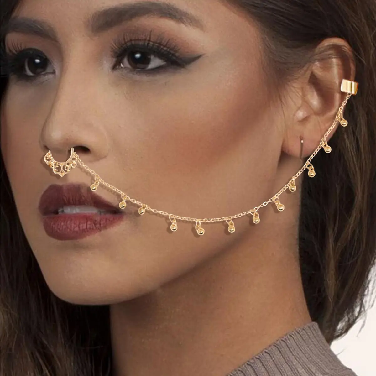 Honbay 2PCS Nose Ring Chain Set | Non-Piercing Nose & Ear Jewelry for Women - view 7