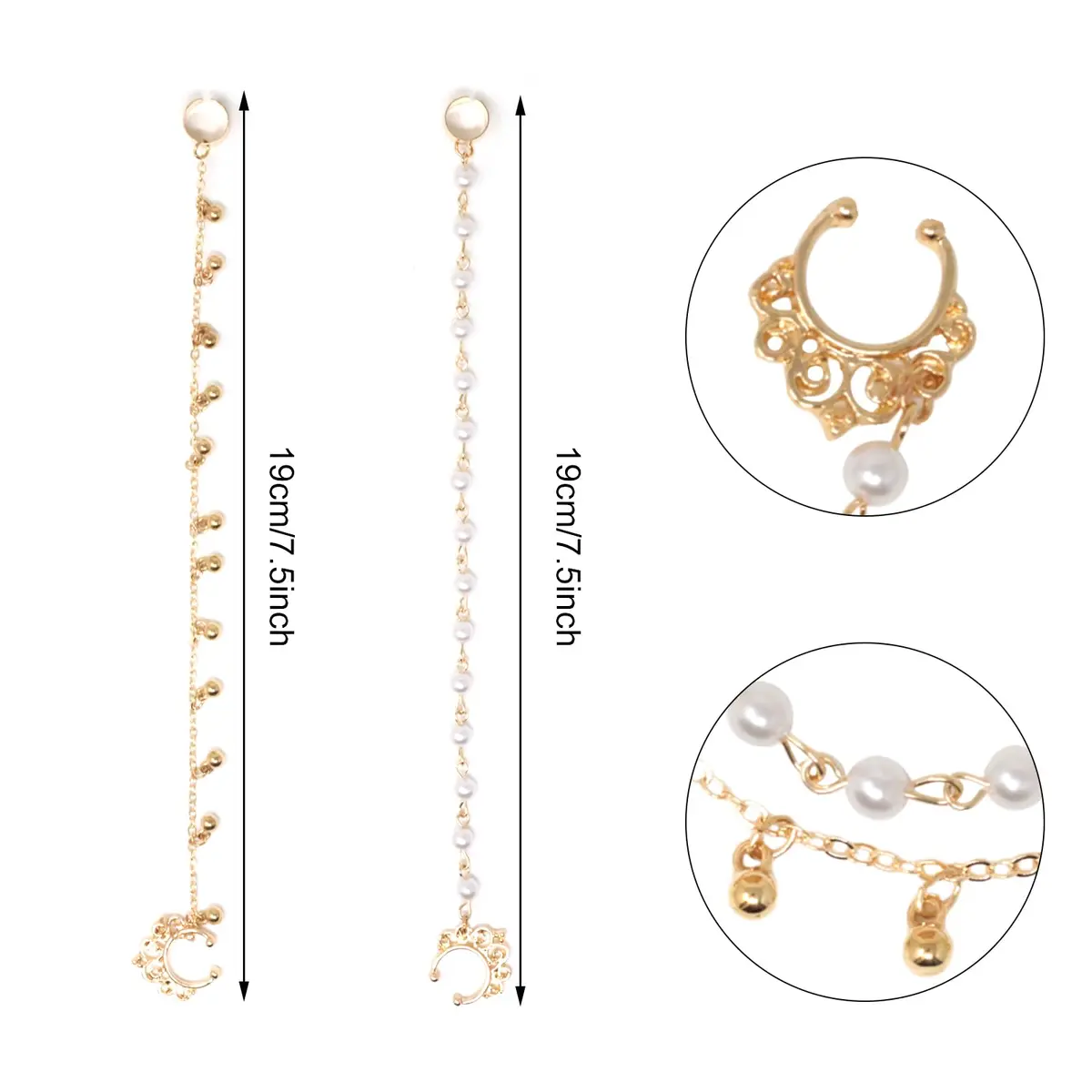 Honbay 2PCS Nose Ring Chain Set | Non-Piercing Nose & Ear Jewelry for Women - view 2