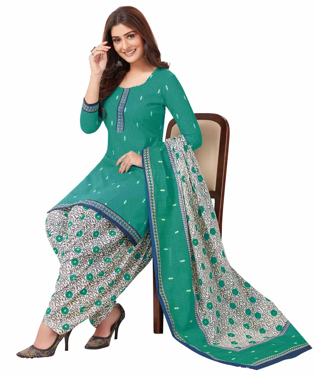 Miraan Cotton Printed Readymade Salwar Suit Set Green Small | Full Sleeve Round Neck Floral Pattern - view 5
