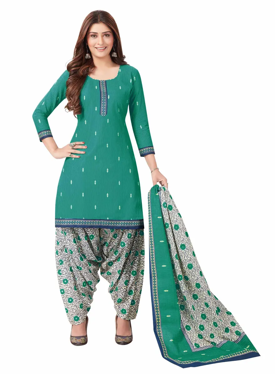 Miraan Cotton Printed Readymade Salwar Suit Set Green Small | Full Sleeve Round Neck Floral Pattern - main product image