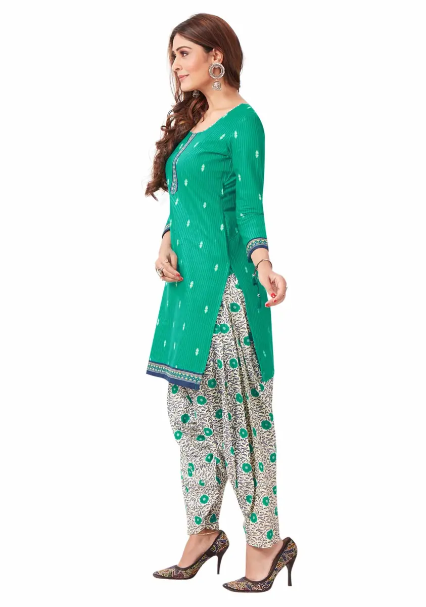 Miraan Cotton Printed Readymade Salwar Suit Set Green Small | Full Sleeve Round Neck Floral Pattern - view 3