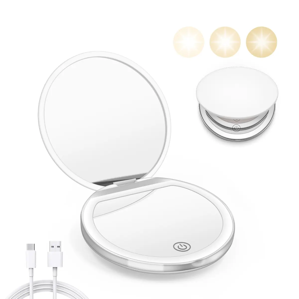 Kakuje White Compact Mirror with Light, 1X/3X Magnification LED Pocket Mirror 7.9cm (3.1") | Illuminated for Perfect Makeup - main product image