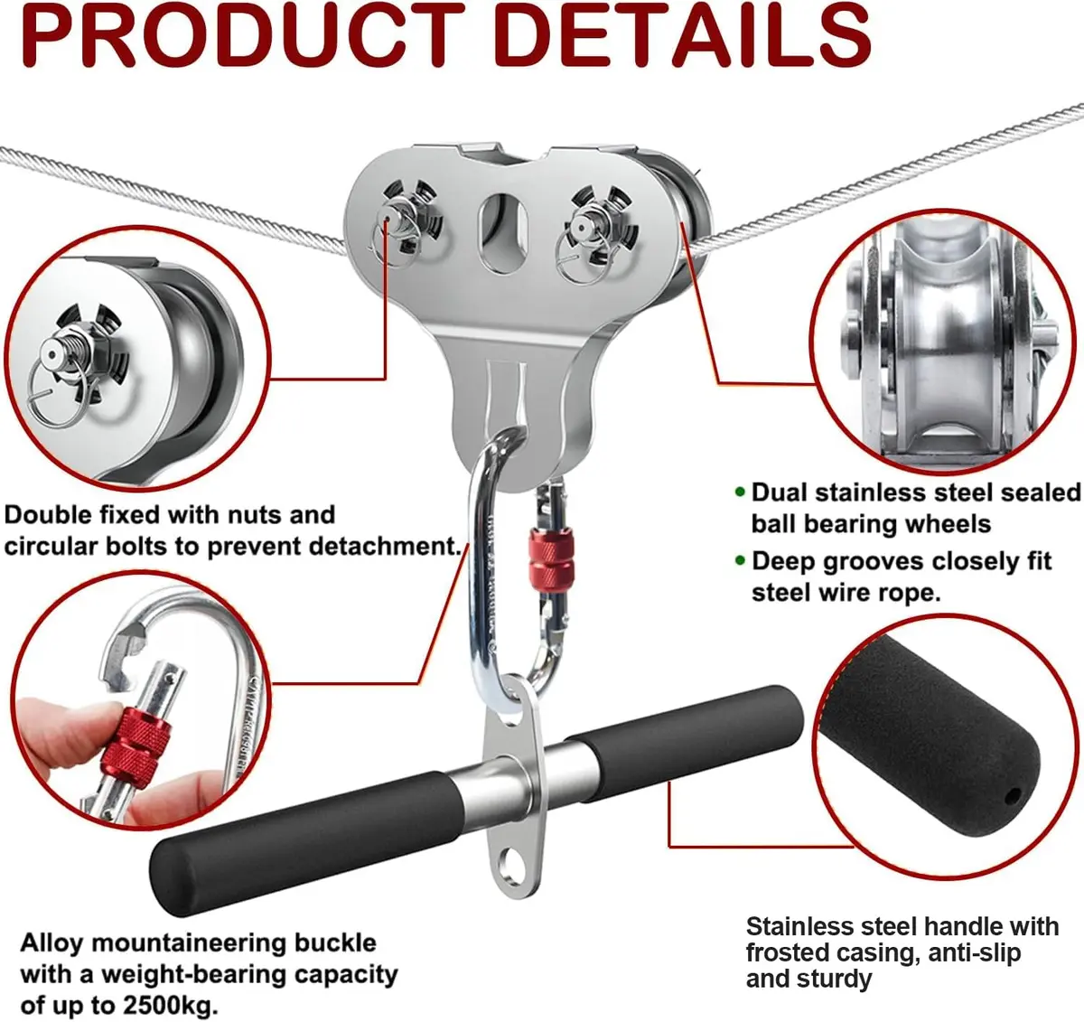 Fologtoo Zipline Pulley with Handle, 304 Stainless Steel Zip Line Trolley | Durable & Safe Outdoor Gear - view 4