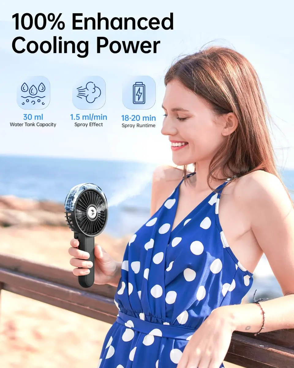 SWEETFULL Portable Misting Fan with Mist Spray, 3 Speeds, 30ml Water Tank, USB Rechargeable | 10.8 cm (4.25 in) Foldable Handheld Fan - view 2
