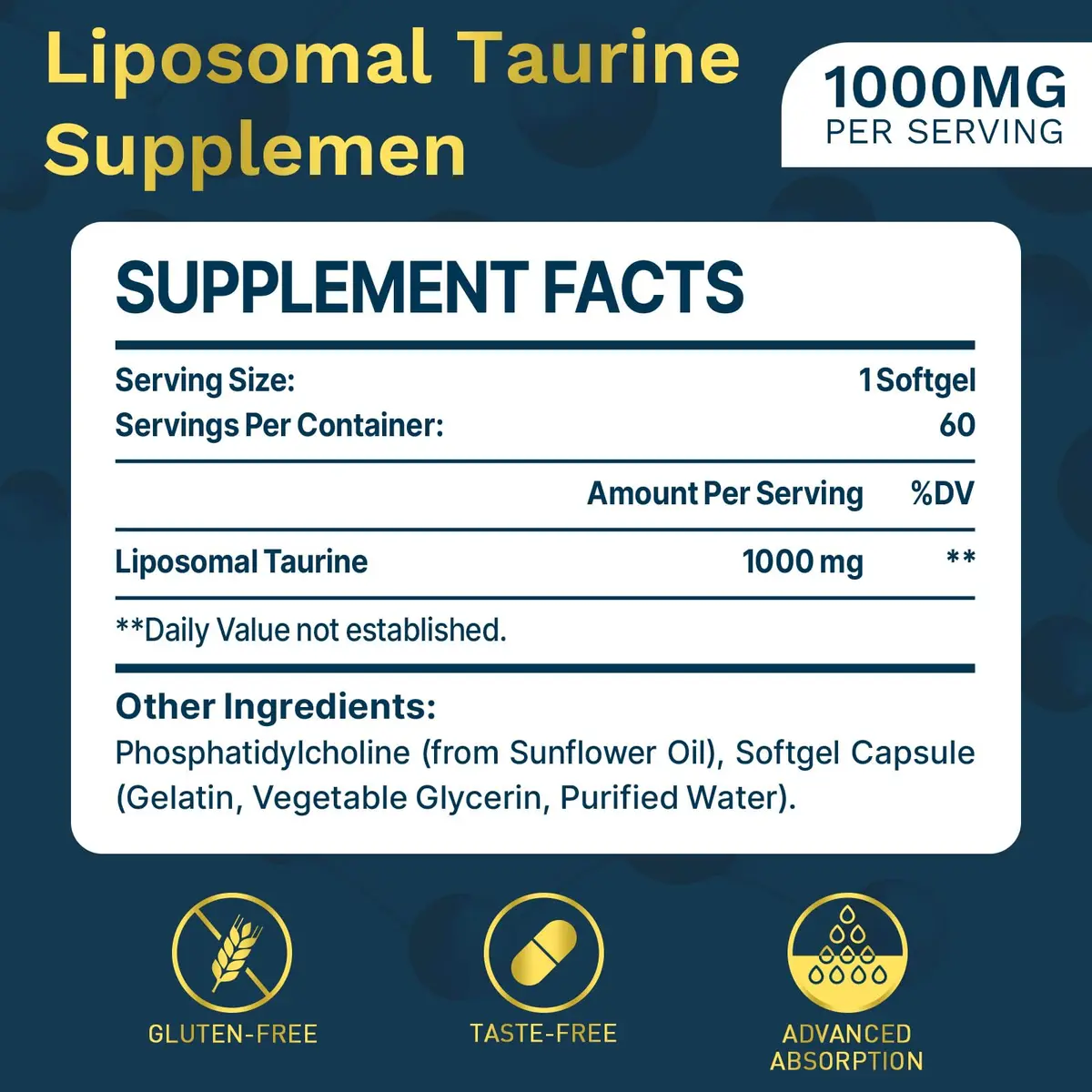 lipmaxmall Liposomal Taurine Supplement 1000mg | High Absorption Amino Acid for Heart, Nerve, Brain, Visual, Longevity & Muscle (60 Softgels - 2 Pack) - view 2