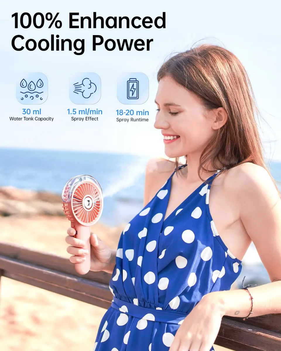 SWEETFULL Portable Misting Fan - 180° Foldable Handheld Personal Fan with Mist Spray, 30ml Tank, USB Rechargeable, 3 Speeds, for Travel & Outdoors - view 2