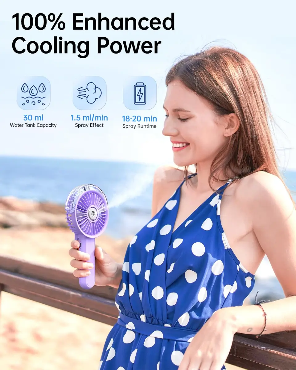 SWEETFULL Portable Misting Fan with Mist Spray, 3 Speeds, 30ml Water Tank, USB Rechargeable, 156 g (5.5 oz) | Cools Face & Body - view 2