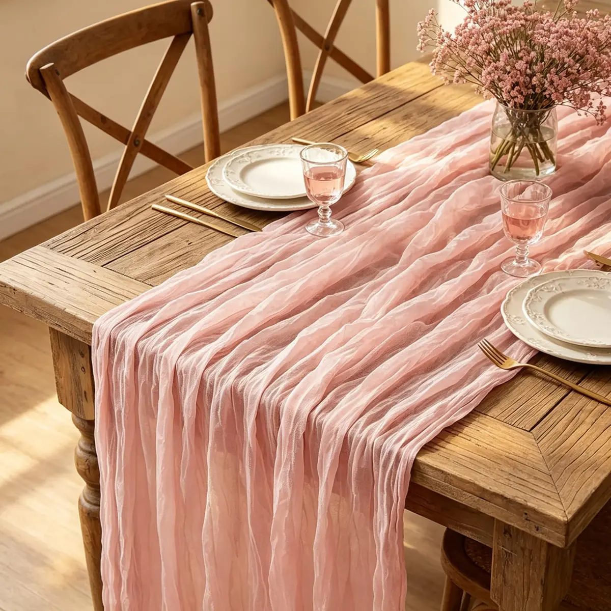 Miucat Pink Cheesecloth Table Runner 10FT Dusty Pink | Boho Gauze for Spring & Weddings - view 5