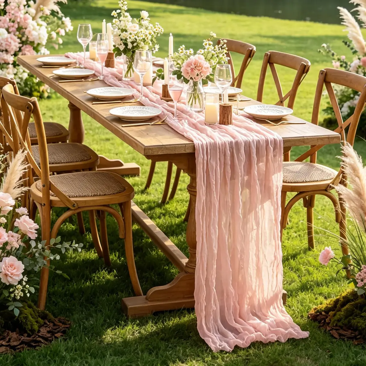 Miucat Pink Cheesecloth Table Runner 10FT Dusty Pink | Boho Gauze for Spring & Weddings - view 6