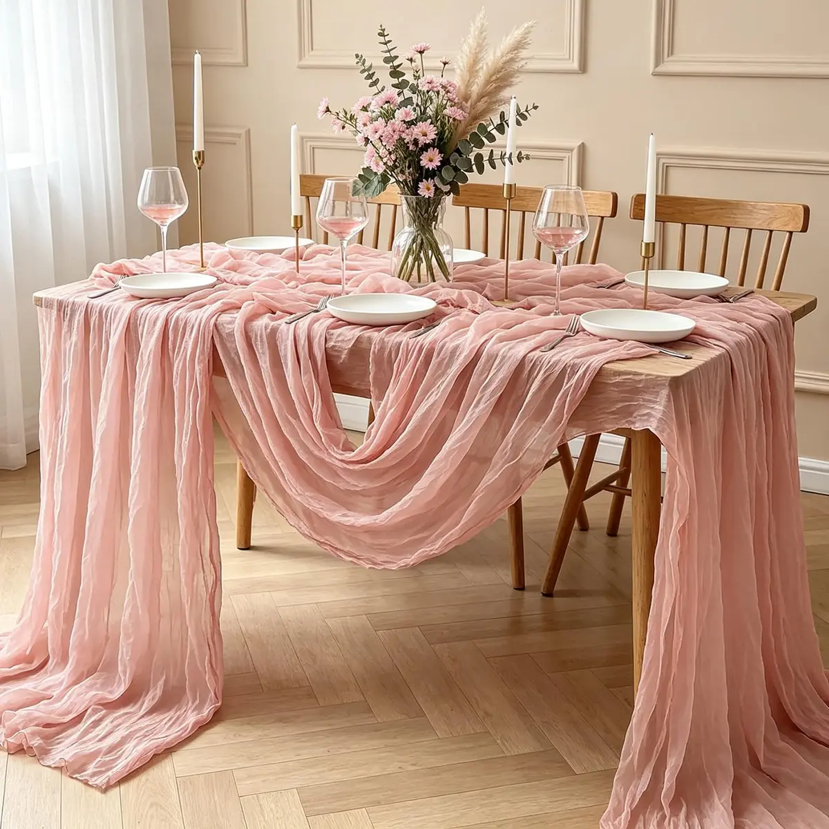 Miucat Pink Cheesecloth Table Runner 10FT Dusty Pink | Boho Gauze for Spring & Weddings - view 7
