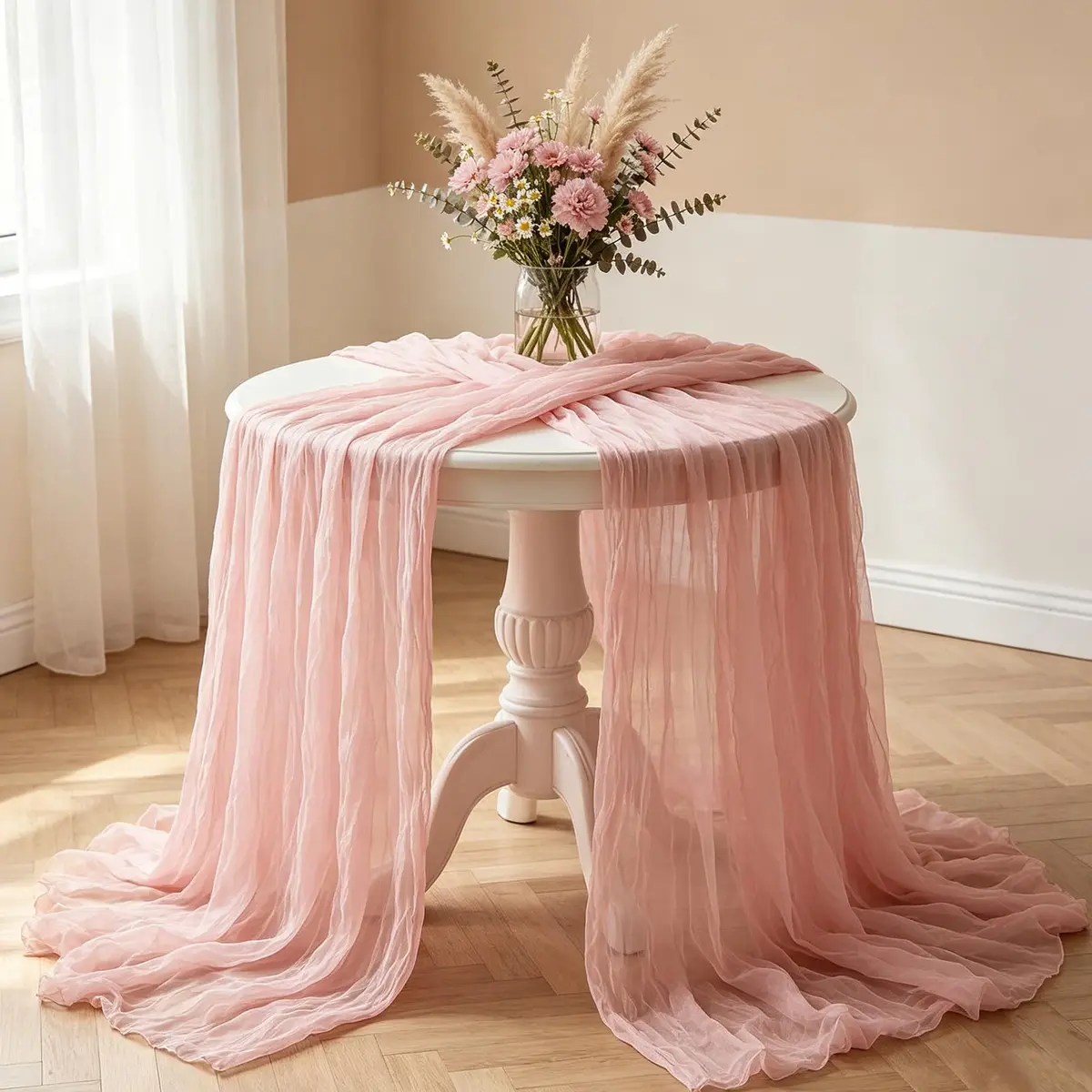 Miucat Pink Cheesecloth Table Runner 10FT Dusty Pink | Boho Gauze for Spring & Weddings - view 8