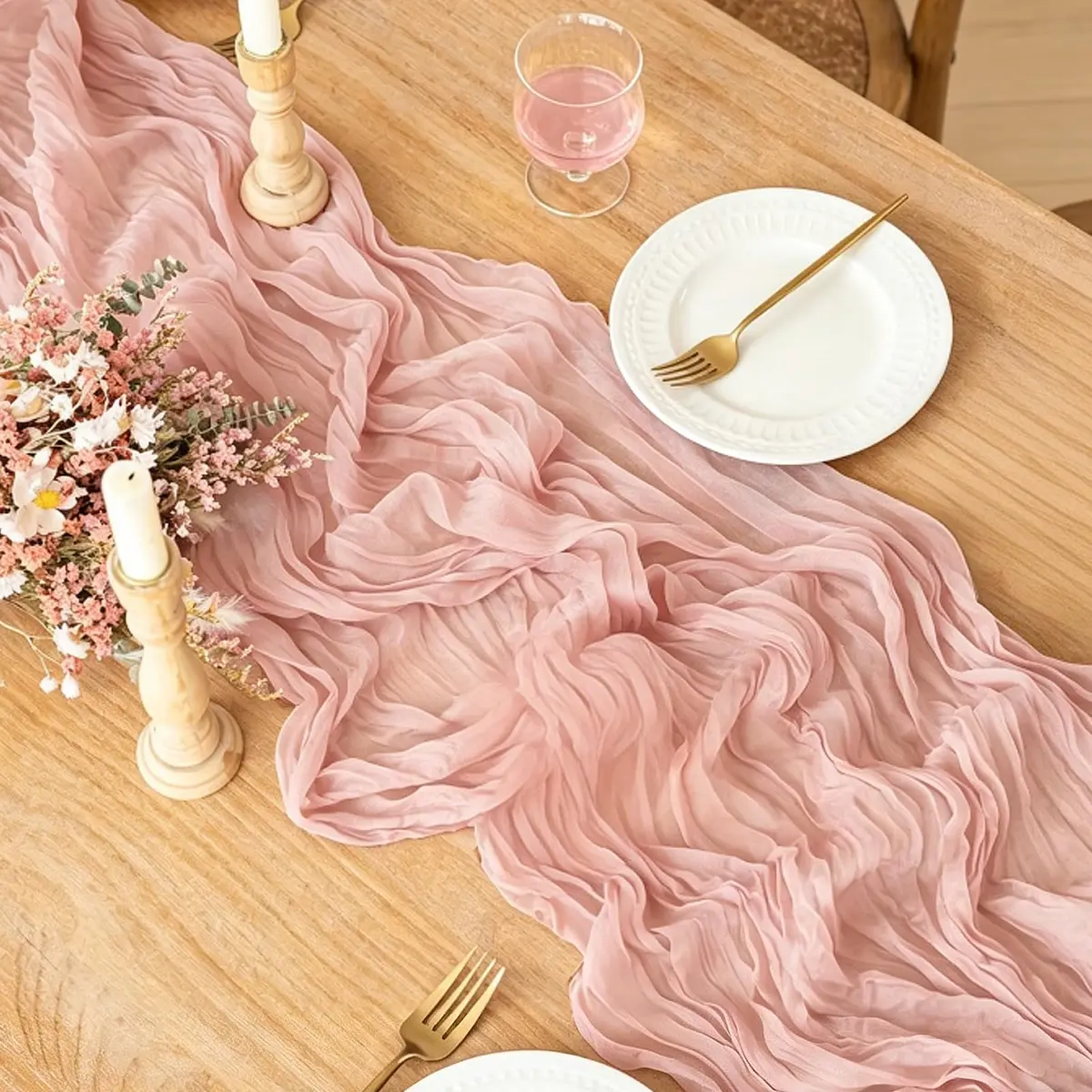 Miucat Pink Cheesecloth Table Runner 10FT Dusty Pink | Boho Gauze for Spring & Weddings - view 3