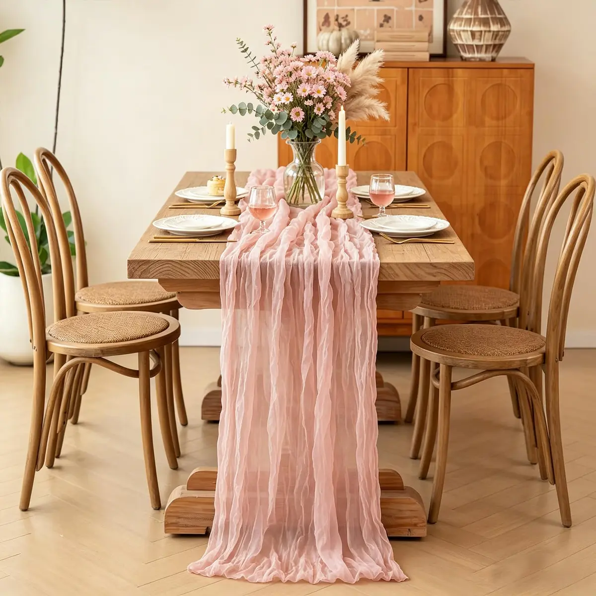 Miucat Pink Cheesecloth Table Runner 10FT Dusty Pink | Boho Gauze for Spring & Weddings - view 4