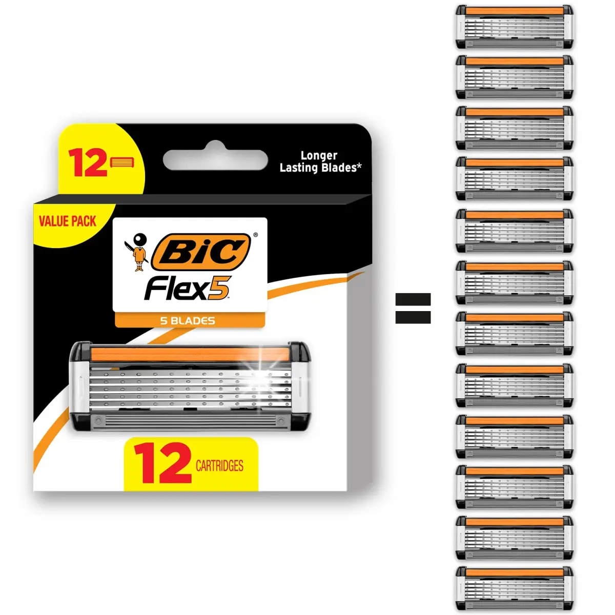 BIC Flex 5 Refillable Razor Cartridges for Men, 12 Count | 5-Blade Comfort & Precision Edging - main product image