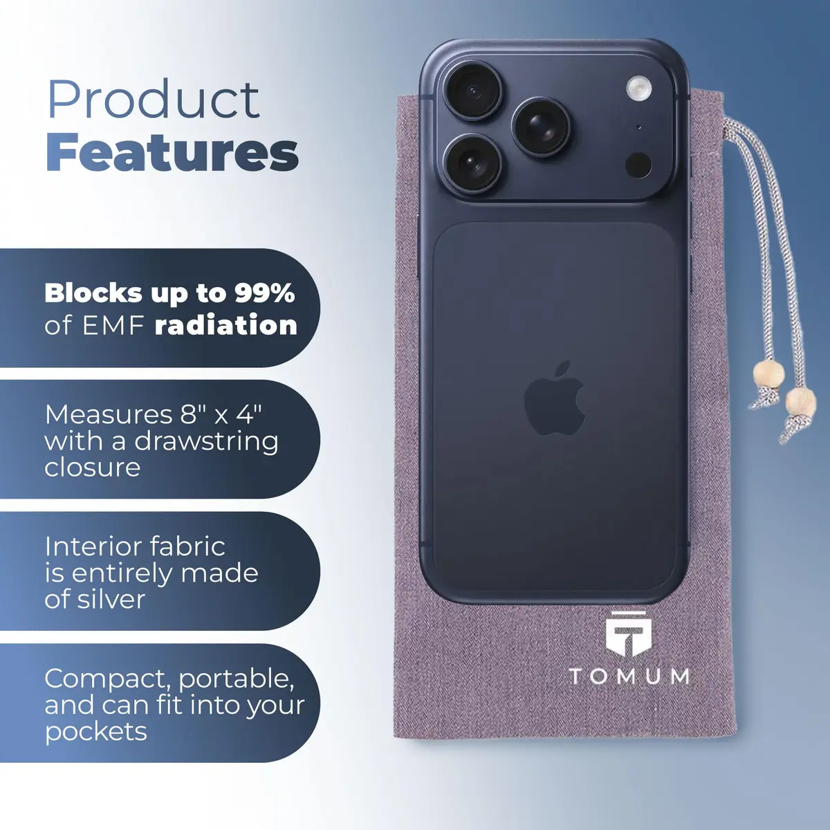 TOMUM EMF Shield Sleeve for Cell Phone | EMF Protection Smartphone Pouch (Grey) | 8" x 4" - view 2