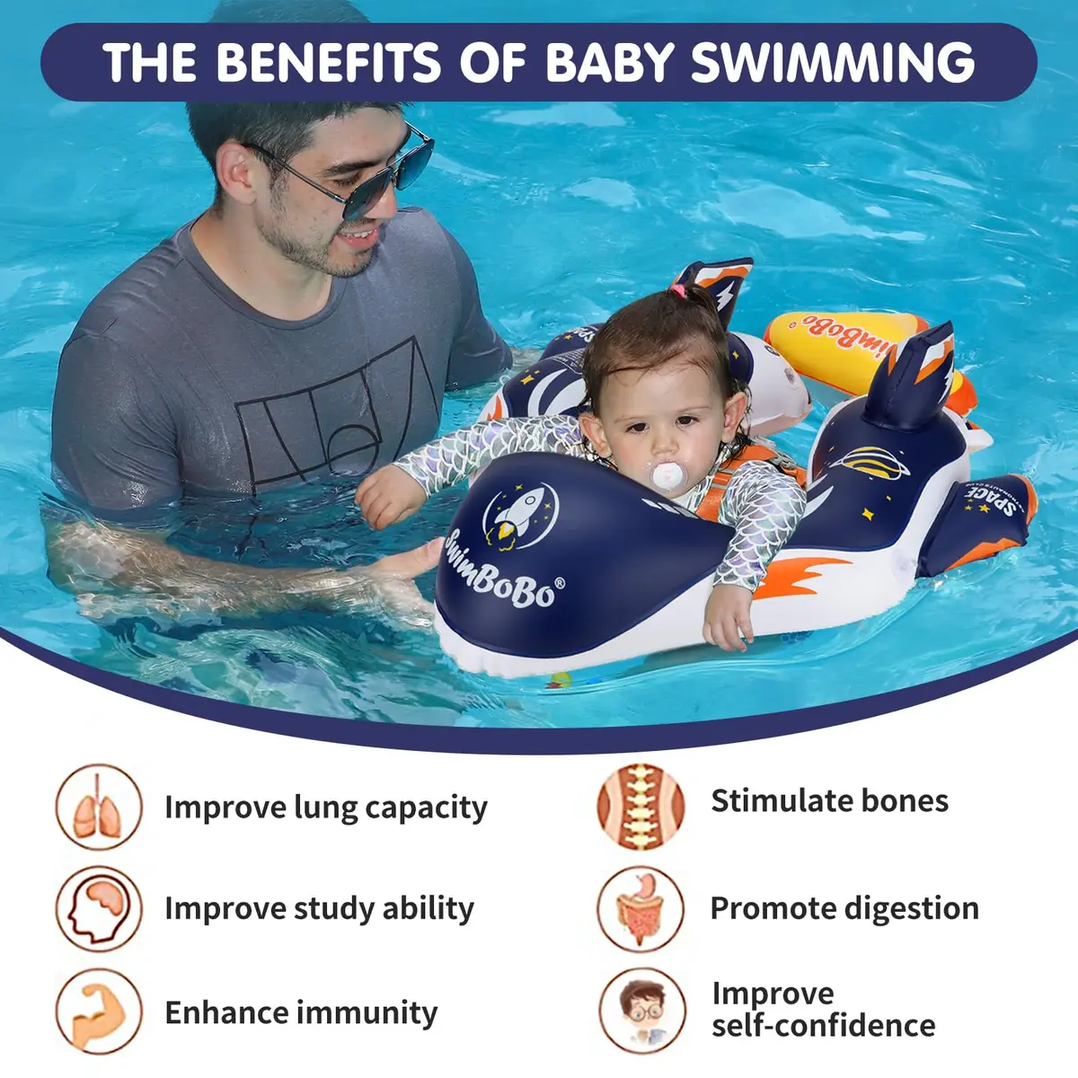 Swimbobo Baby Swimming Float Kids Pool Toys Deep Blue Spaceship L | UPF50+ Sun Canopy - view 3