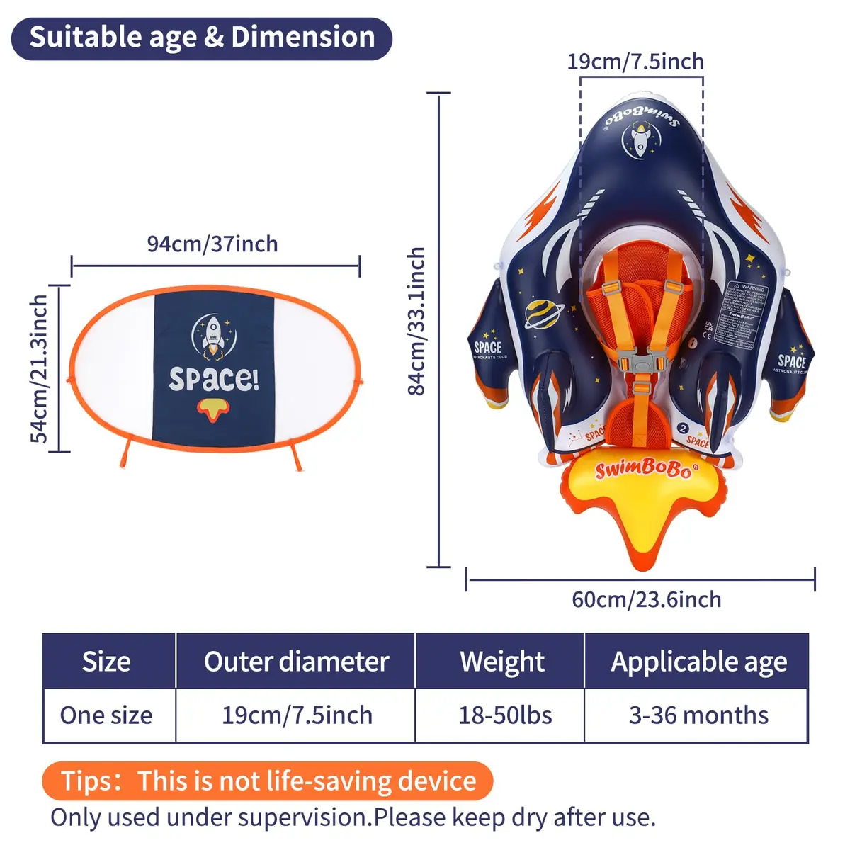 Swimbobo Baby Swimming Float Kids Pool Toys Deep Blue Spaceship L | UPF50+ Sun Canopy - view 4