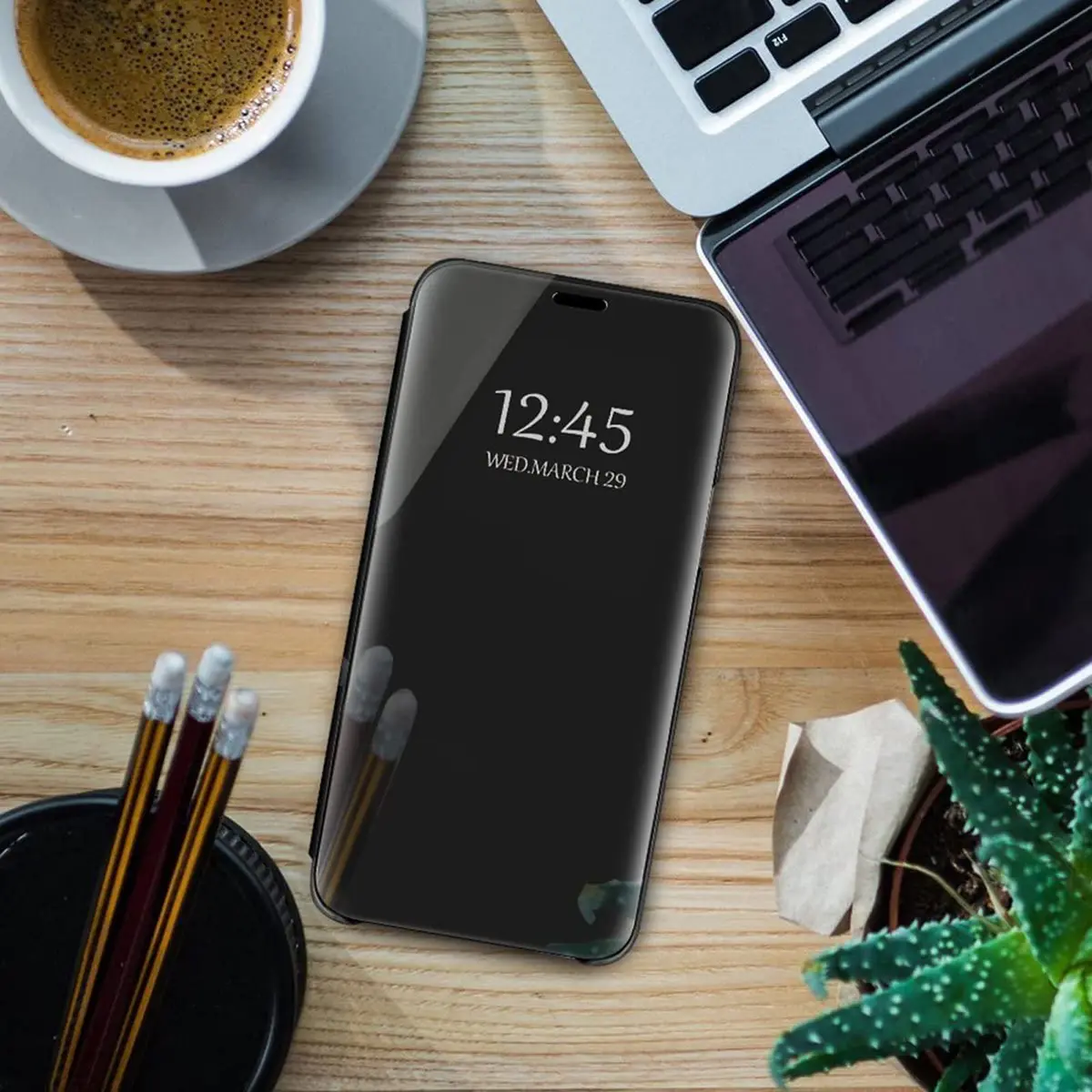 Gxmeuie Clear View Mirror Flip Case for Samsung Galaxy S24 Ultra 5G | Shockproof PU Leather with Kickstand - view 7