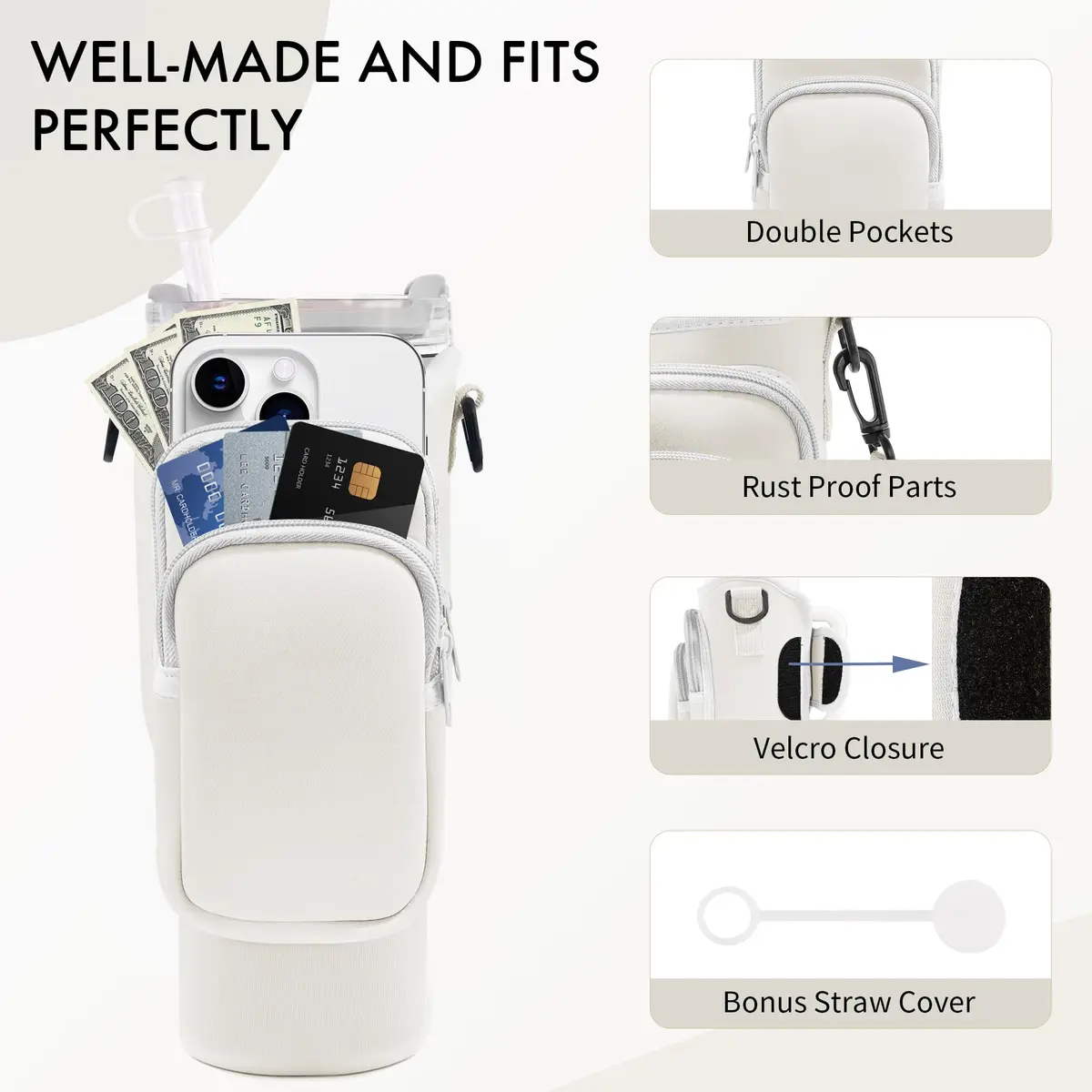 JEBEALUO Water Bottle Carrier Bag with Phone Pocket for Stanley 40 oz Tumbler | Fits Stanley Quencher H2.0 - view 8