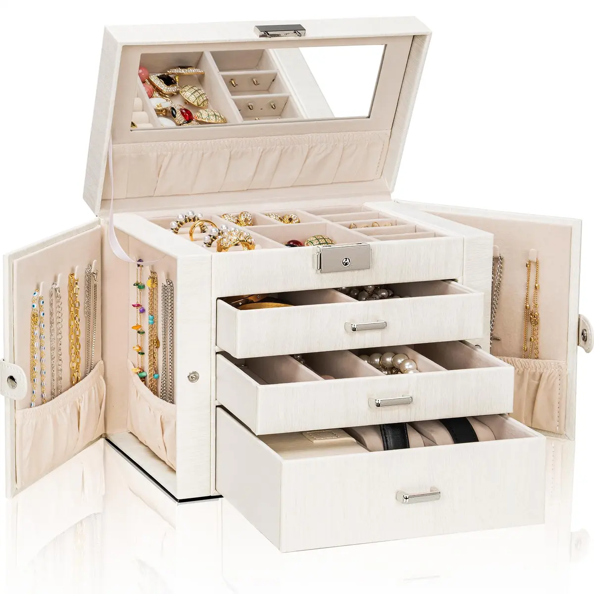 AKOZLIN 4-Tier Jewelry Box with 3 Drawers & Mirror | Lockable Organizer for Rings, Necklaces, Bracelets, Watches (Woodgrain White-Silver, 25.4cm W x 15.7cm D x 21.8cm H) - main product image