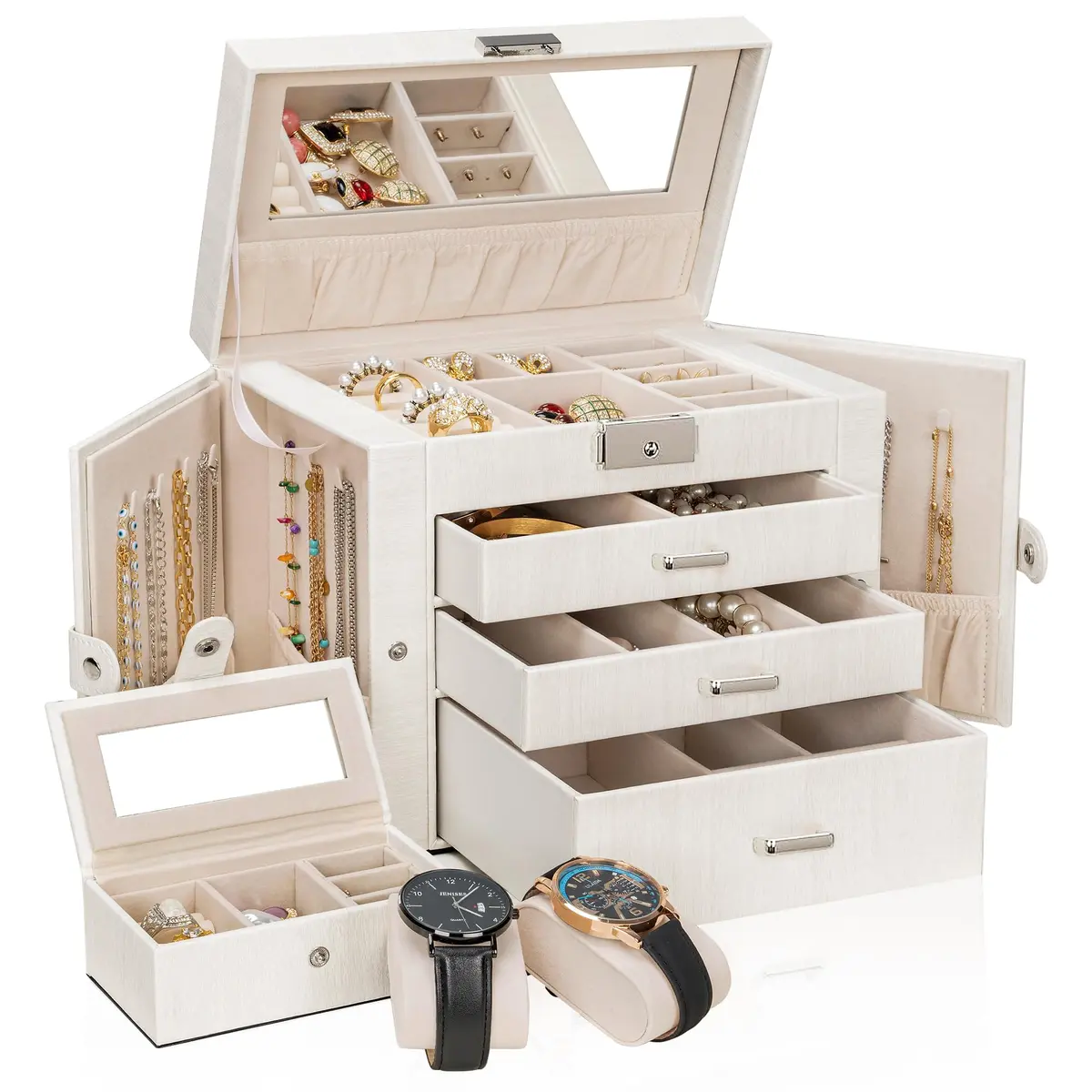 AKOZLIN 4-Tier Jewelry Box with 3 Drawers & Mirror | Lockable Organizer for Rings, Necklaces, Bracelets, Watches (Woodgrain White-Silver, 25.4cm W x 15.7cm D x 21.8cm H) - view 5
