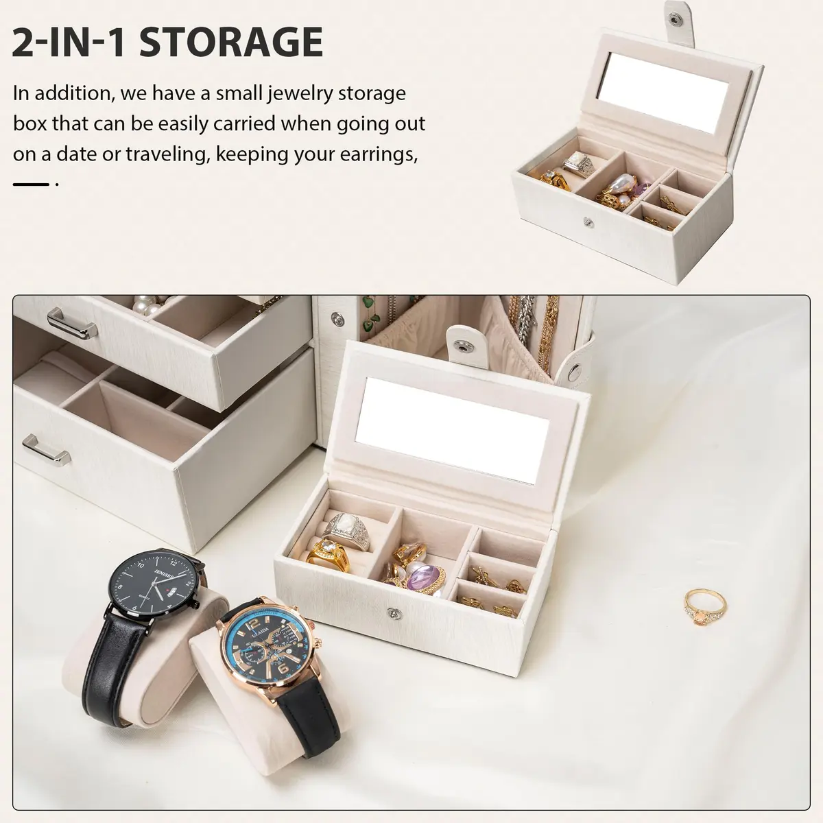 AKOZLIN 4-Tier Jewelry Box with 3 Drawers & Mirror | Lockable Organizer for Rings, Necklaces, Bracelets, Watches (Woodgrain White-Silver, 25.4cm W x 15.7cm D x 21.8cm H) - view 6