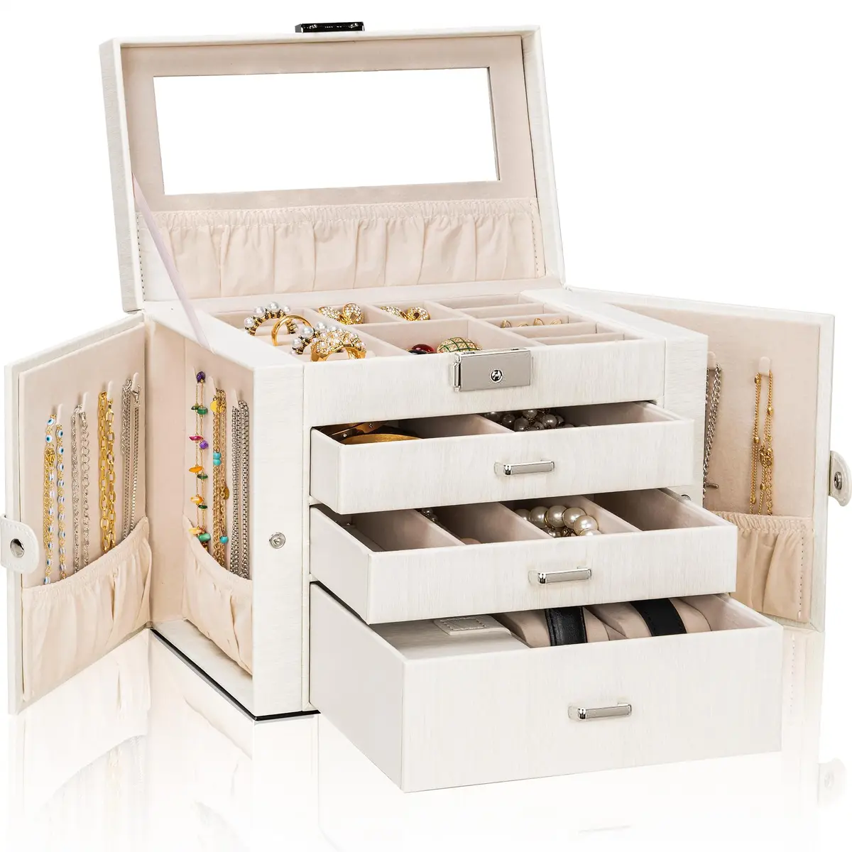 AKOZLIN 4-Tier Jewelry Box with 3 Drawers & Mirror | Lockable Organizer for Rings, Necklaces, Bracelets, Watches (Woodgrain White-Silver, 25.4cm W x 15.7cm D x 21.8cm H) - view 7