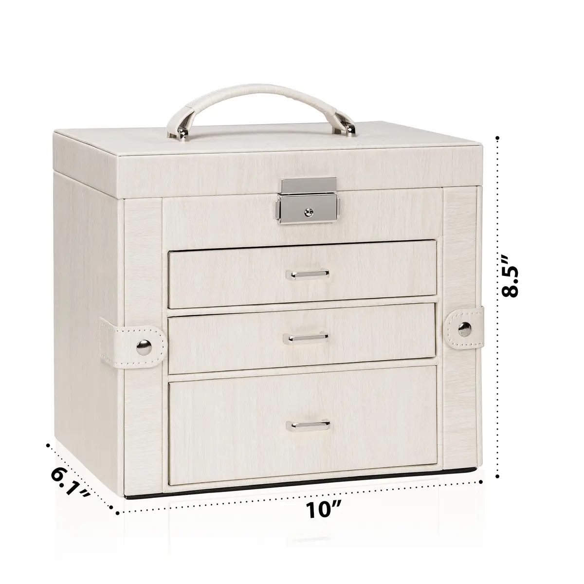 AKOZLIN 4-Tier Jewelry Box with 3 Drawers & Mirror | Lockable Organizer for Rings, Necklaces, Bracelets, Watches (Woodgrain White-Silver, 25.4cm W x 15.7cm D x 21.8cm H) - view 2