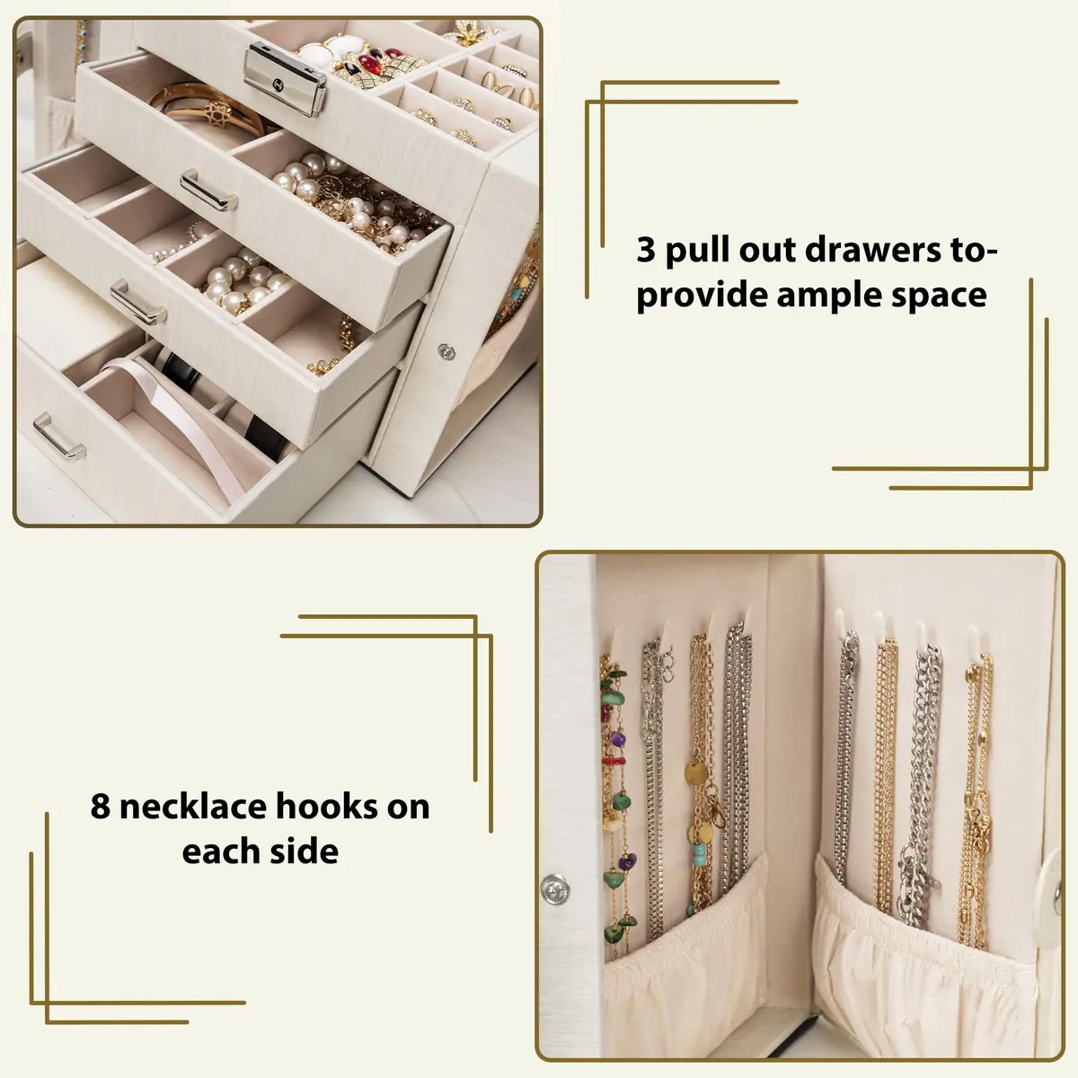 AKOZLIN 4-Tier Jewelry Box with 3 Drawers & Mirror | Lockable Organizer for Rings, Necklaces, Bracelets, Watches (Woodgrain White-Silver, 25.4cm W x 15.7cm D x 21.8cm H) - view 3
