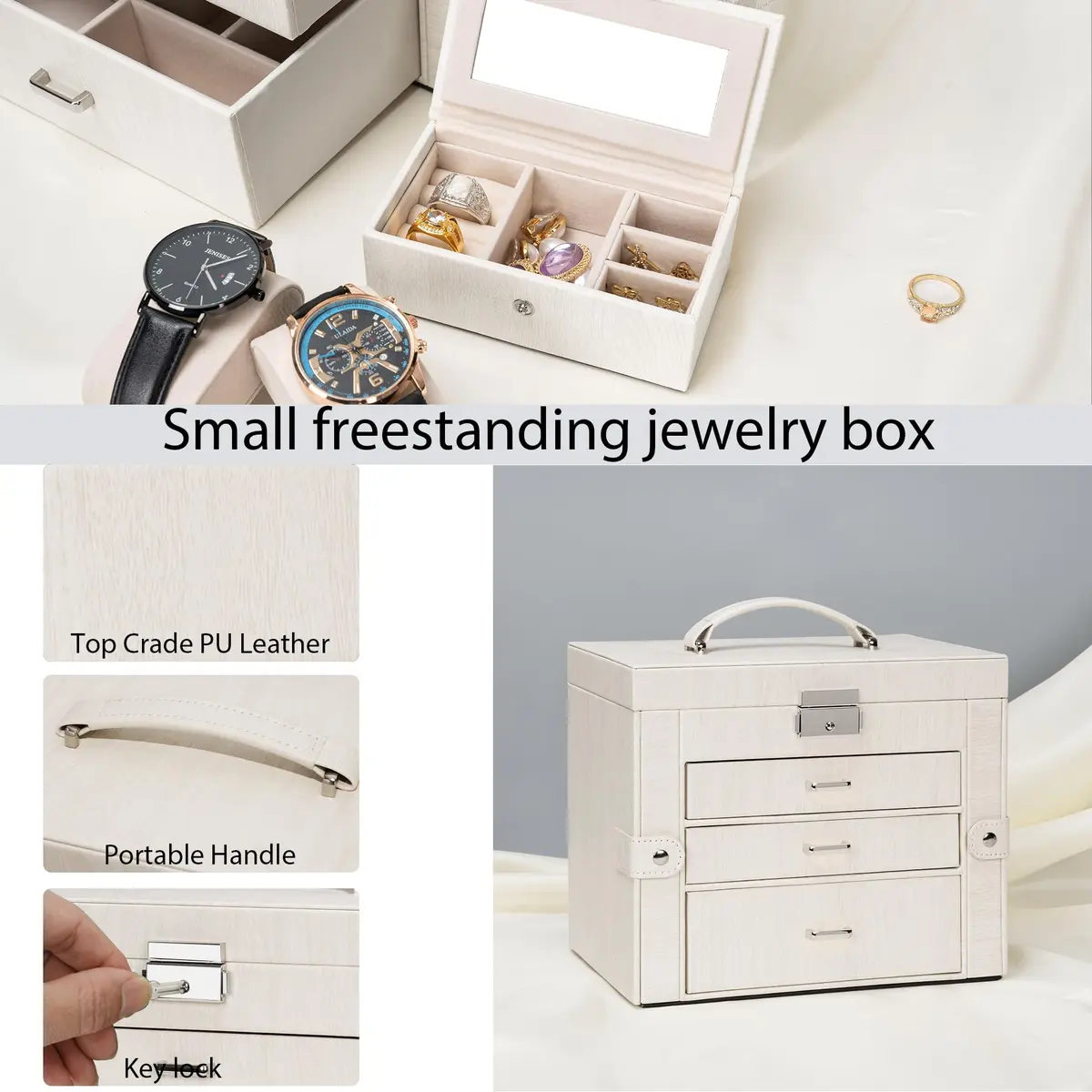 AKOZLIN 4-Tier Jewelry Box with 3 Drawers & Mirror | Lockable Organizer for Rings, Necklaces, Bracelets, Watches (Woodgrain White-Silver, 25.4cm W x 15.7cm D x 21.8cm H) - view 4