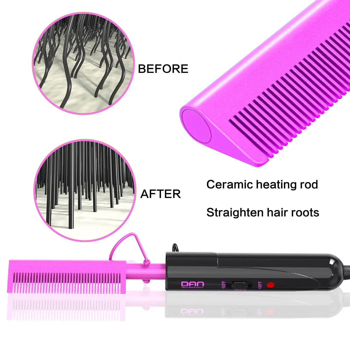 DAN Technology Hair Styling Kit - Hot Comb, Edge Brush, Rat Tail Comb, Bristle Brush for Lace Front Wigs and Black Hair | Healthy, Fast & Long-Lasting (100-450°F) - view 2