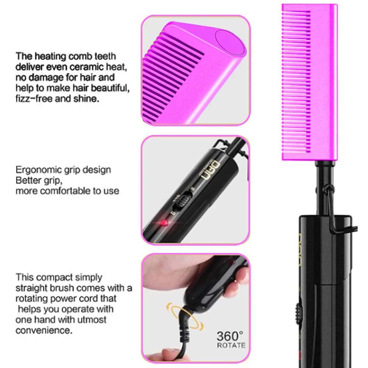 DAN Technology Hair Styling Kit - Hot Comb, Edge Brush, Rat Tail Comb, Bristle Brush for Lace Front Wigs and Black Hair | Healthy, Fast & Long-Lasting (100-450°F) - view 3