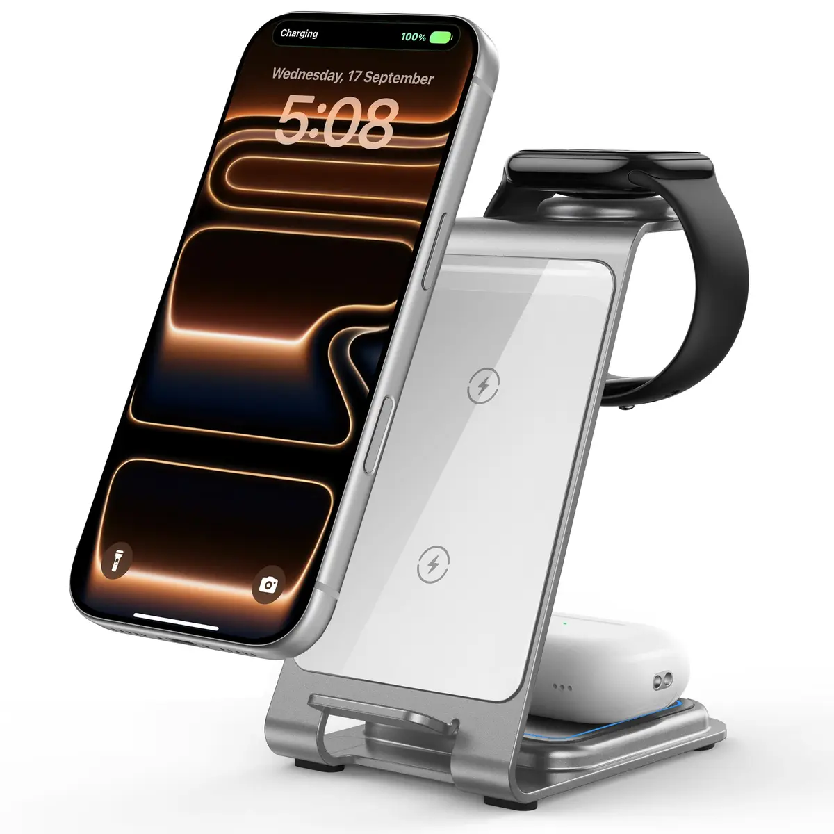 Intoval Aluminum 3 in 1 Wireless Charging Station for iPhone 17 16 15 14 13 12 11 Pro Max XR, Wireless Charger for Apple Watch 11 10 9 8 7 Ultra SE 3 2, Phone Charger for AirPods 4 Pro 2 3 (Silver) - main product image
