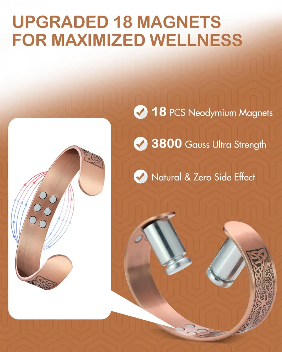 Feraco Pure Copper Magnetic Bracelet with 18x 3800 Gauss Magnets, 17.5cm (6.89") | Tree of Life Engraved - view 2