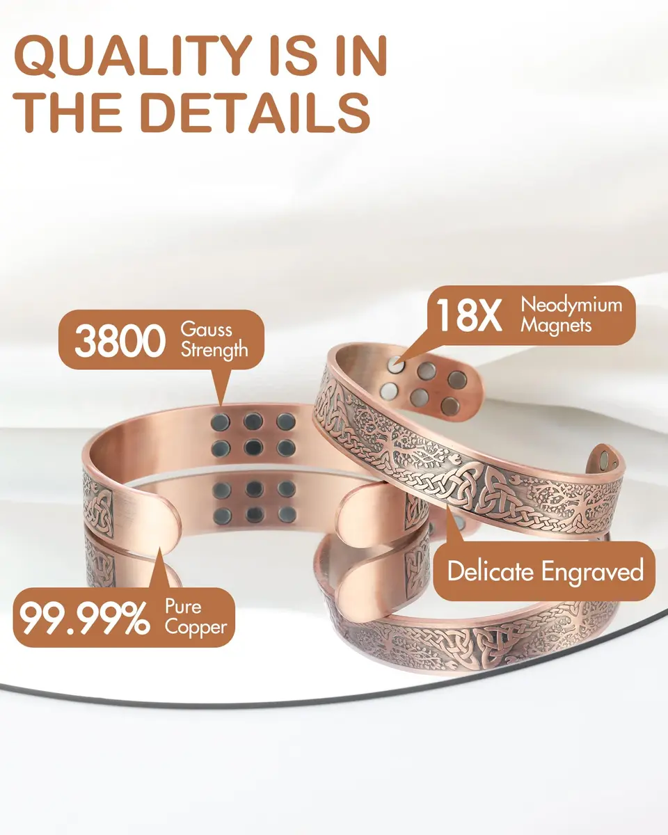 Feraco Pure Copper Magnetic Bracelet with 18x 3800 Gauss Magnets, 17.5cm (6.89") | Tree of Life Engraved - view 4