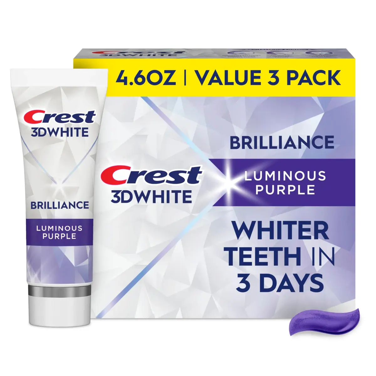 Crest 3D White Brilliance Luminous Purple Teeth Whitening Toothpaste 4.6 oz (130g) Pack of 3 | Fights 100% More Surface Stains - main product image