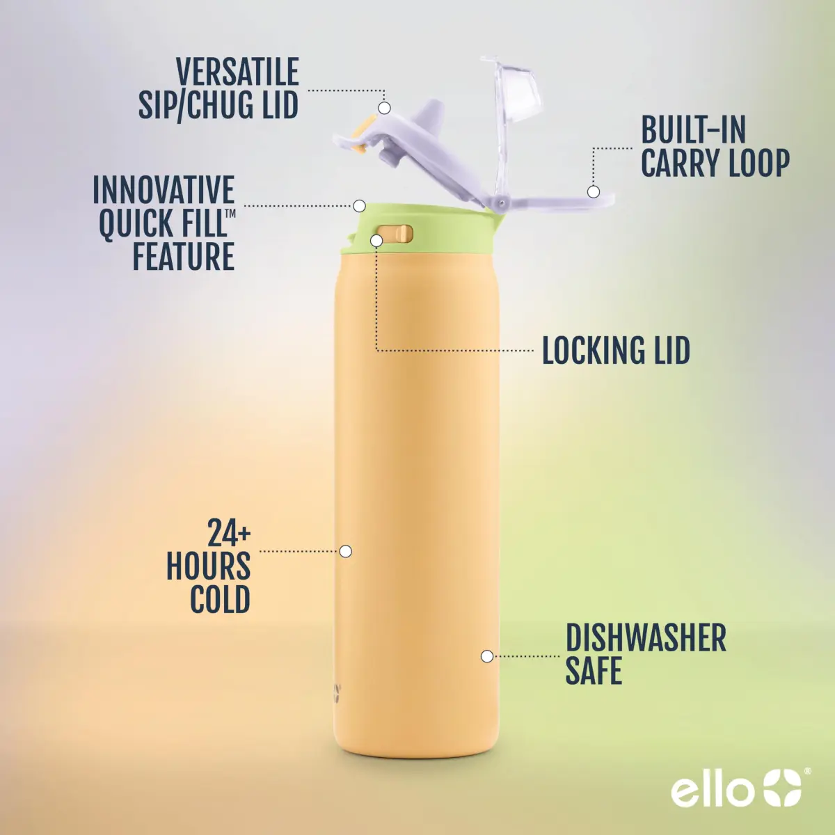 Ello Pop & Fill Stainless Steel Water Bottle 590ml (20oz) | Sip or Chug, Leak-Proof Lock, Sunset Meadow - view 2