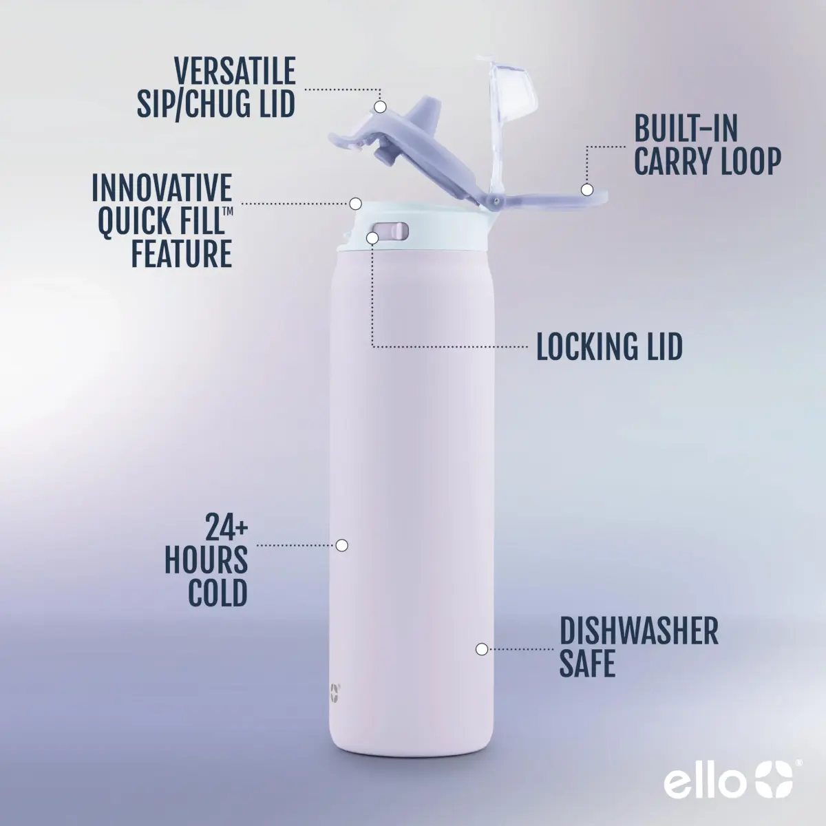 Ello Pop & Fill 650ml (22oz) Stainless Steel Water Bottle with Straw Lid | Aurora - view 2