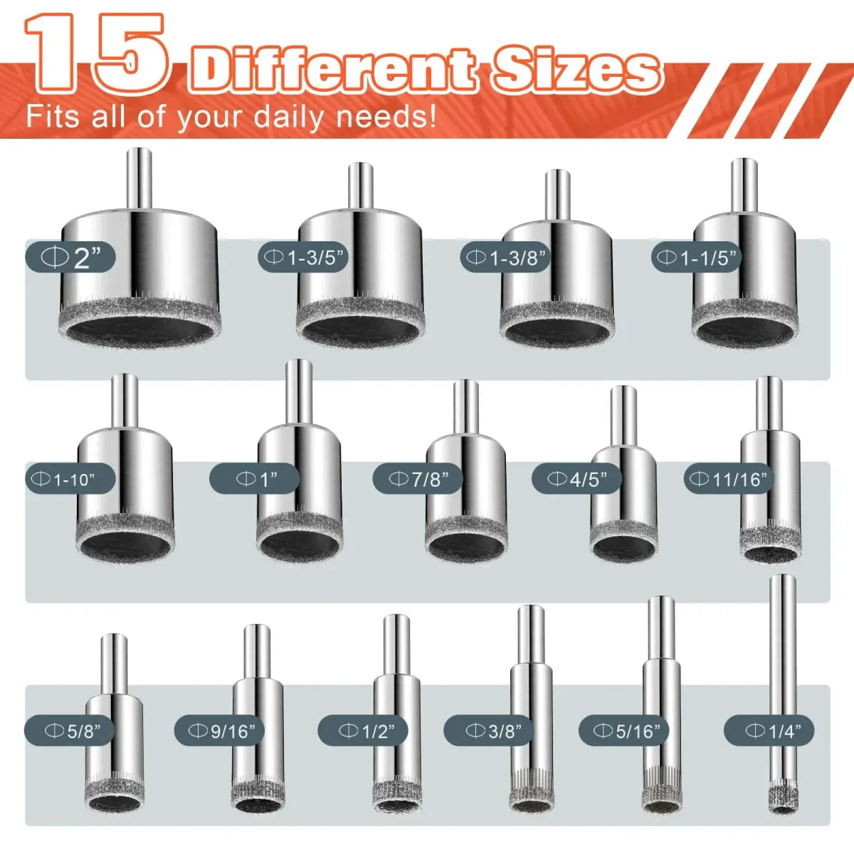 S<bos>derm Orange Diamond Hole Saw Kit for Glass, Tile, Stone & Granite (10 Pcs, 3mm-30mm) - view 2