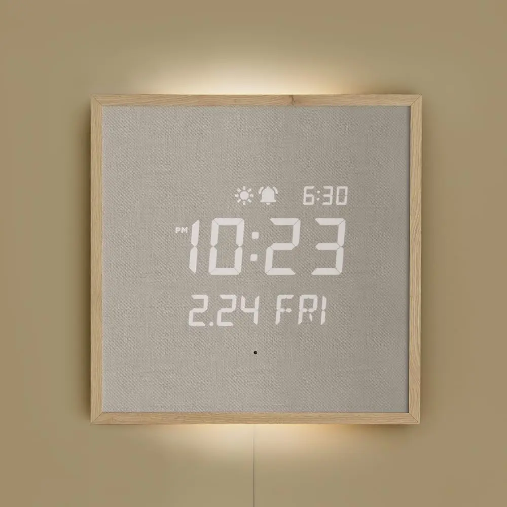 mooas Wooden Frame LED Silent Wall Clock 11.4 inches | Modern Digital with Nightlight & Alarm - main product image