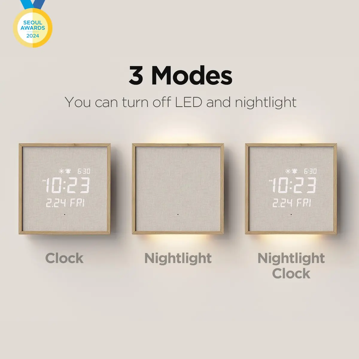 mooas Wooden Frame LED Silent Wall Clock 11.4 inches | Modern Digital with Nightlight & Alarm - view 3