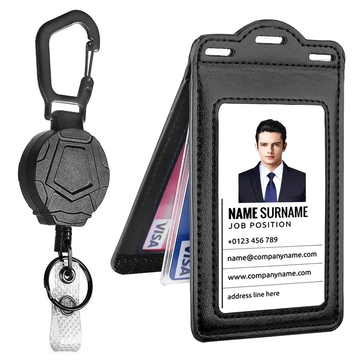 Ouessila Leather Badge Holder with Retractable Reel & 6 Card Slots | Double-Sided Clear ID Protector - main product image