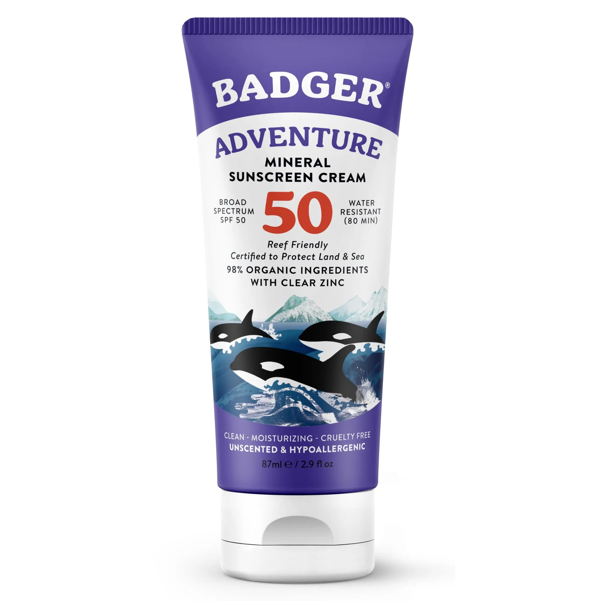 Badger Reef Safe Mineral Sunscreen SPF 50 - 98% Organic, Zinc Oxide, Water Resistant, Unscented, 82g (2.9 fl oz) | For Sports & Adventures - main product image