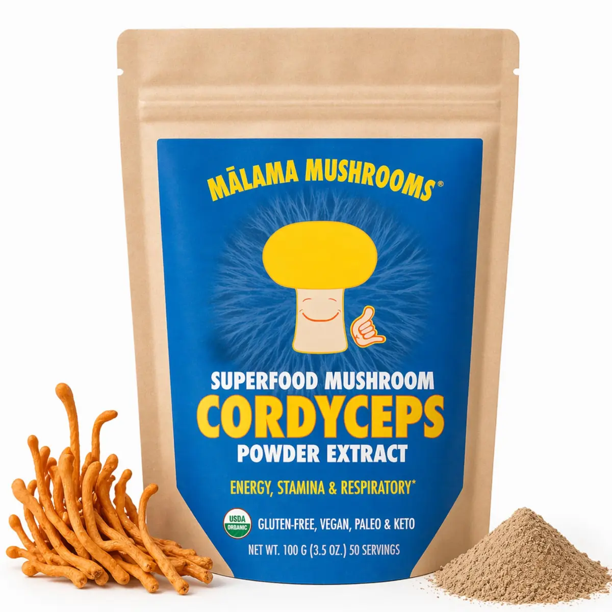 MALAMA MUSHROOMS Cordyceps Mushroom Extract Powder 3.5 oz | Organic Superfood for Energy & Endurance - main product image
