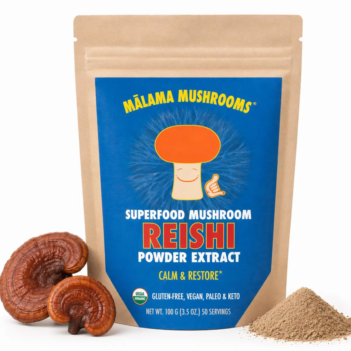 Malama Organic Reishi Mushroom Extract Powder, Natural Superfood 3.5 oz | Supports Immune & Stress - main product image
