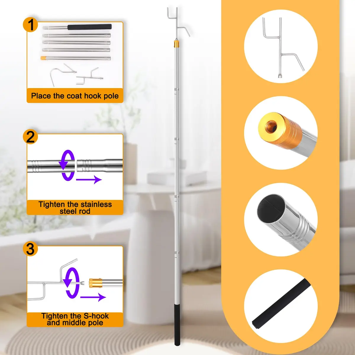 Cagaloi Clothes Hook Pole, 29-71" Adjustable Extension | Stainless Steel, Multi-Purpose - view 2