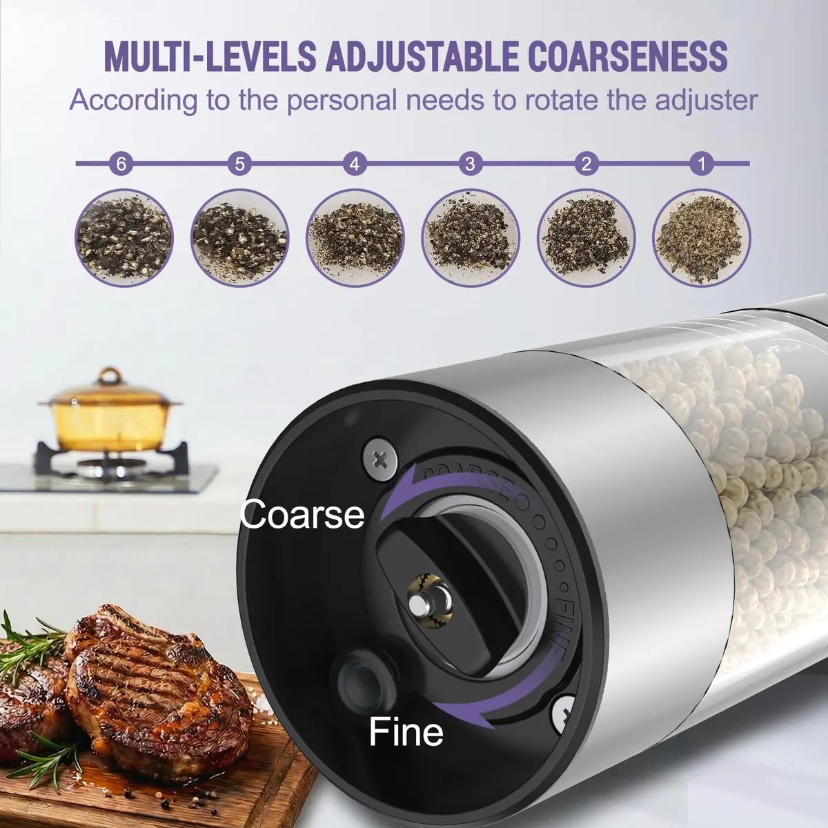GATTLELIC Electric Salt and Pepper Grinder Set, 95ml Capacity | Rechargeable, Adjustable Coarseness, LED Light (en_US) - view 5