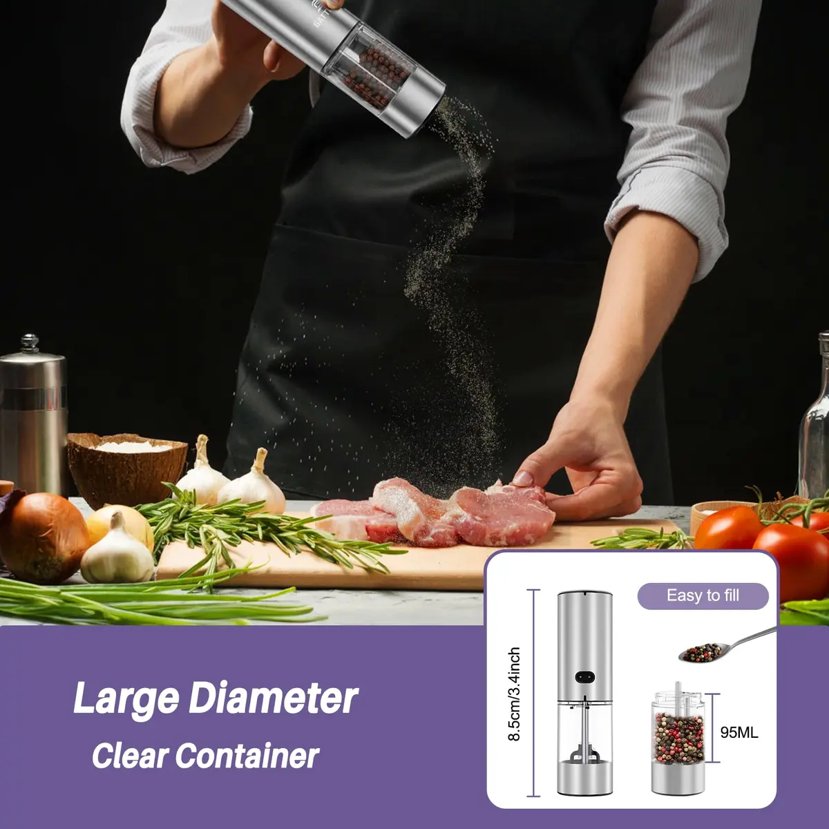 GATTLELIC Electric Salt and Pepper Grinder Set, 95ml Capacity | Rechargeable, Adjustable Coarseness, LED Light (en_US) - view 6