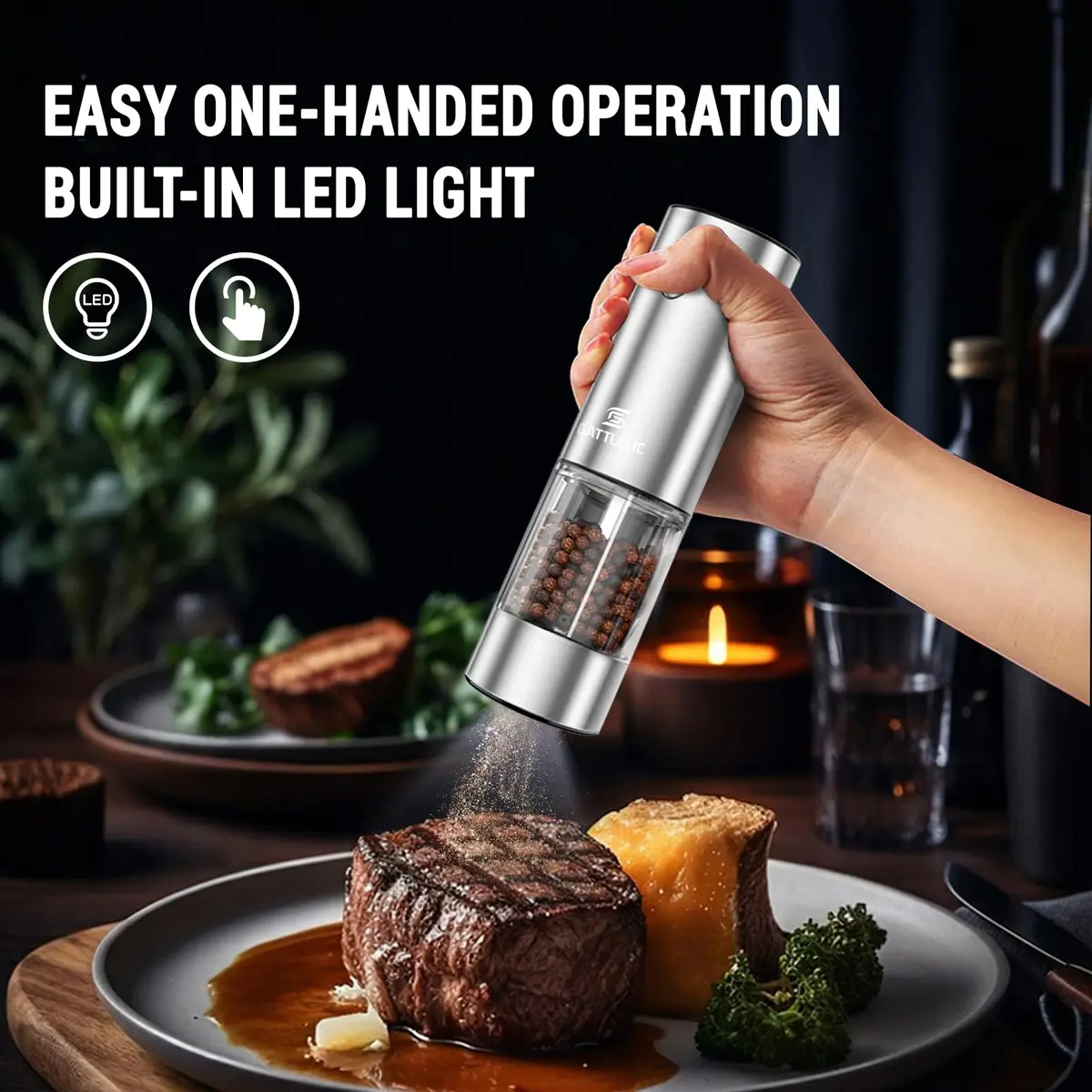 GATTLELIC Electric Salt and Pepper Grinder Set, 95ml Capacity | Rechargeable, Adjustable Coarseness, LED Light (en_US) - view 7